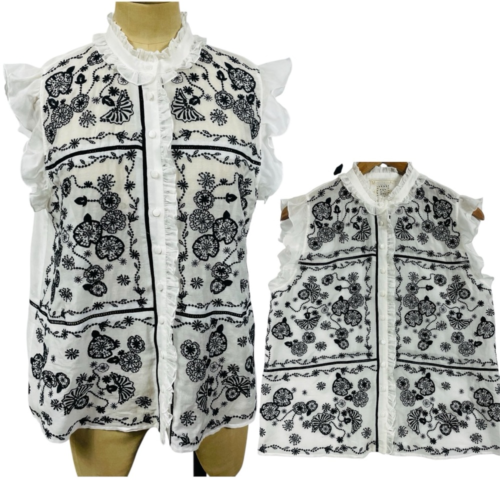 Johnny Was Silk Jade Top Mel Boho Eyelet White Black Sheer Corporate Ruffle SM